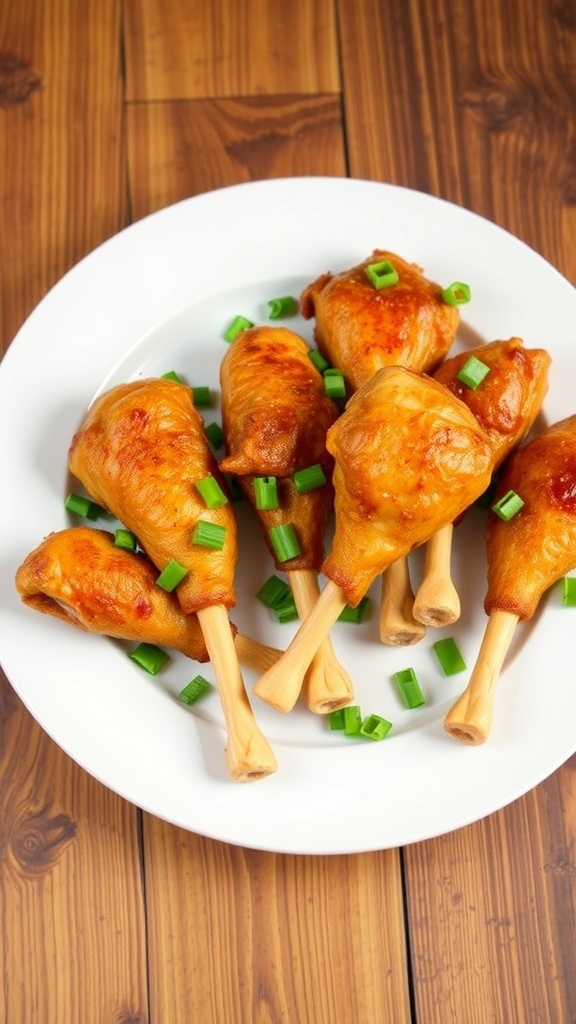 Savory chicken drumstick lollipops garnished with green onions on a rustic plate.